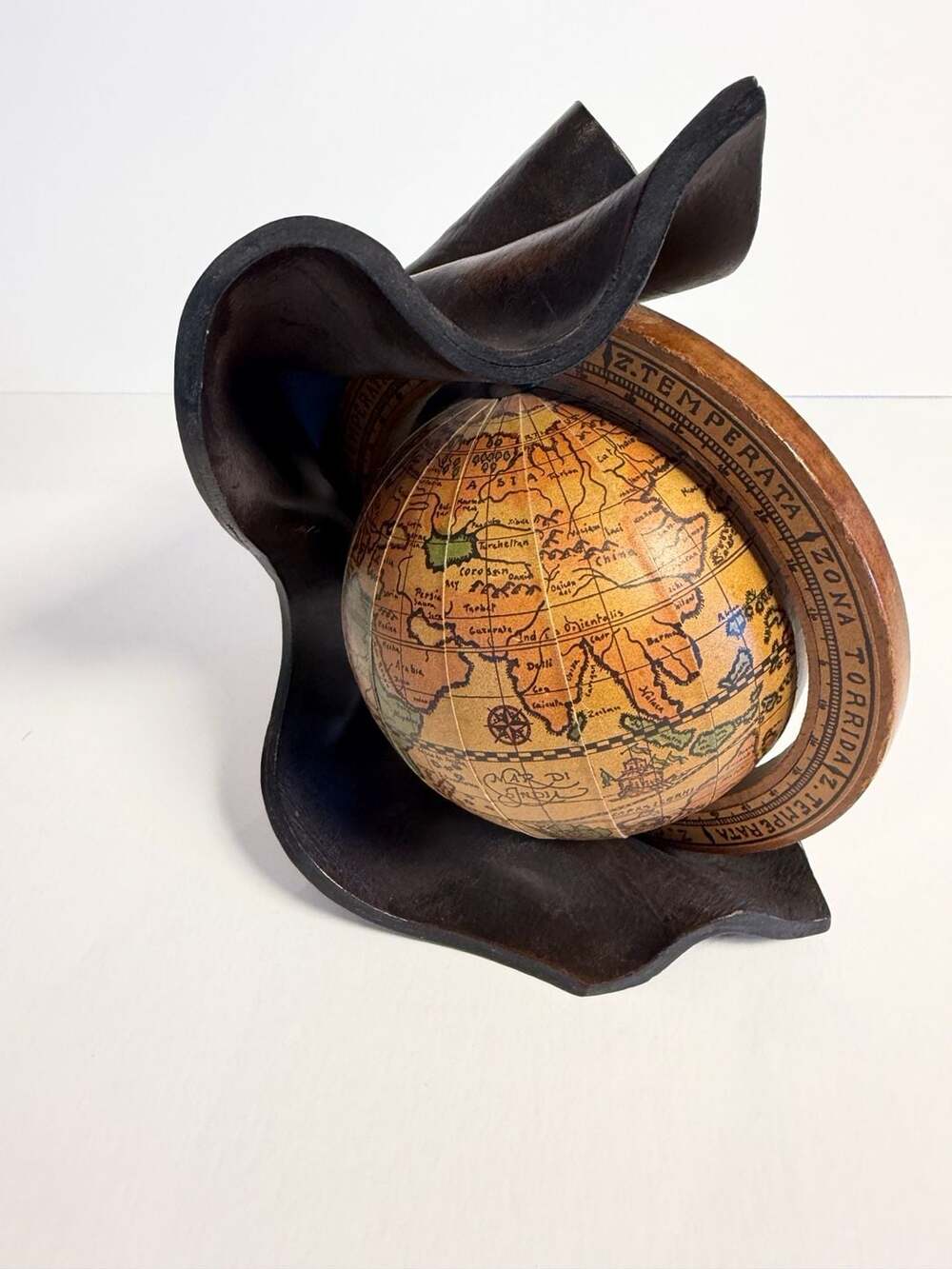 Vintage Italian Cuir Bouilli Molded Leather Old World Globe Sculpture Stand